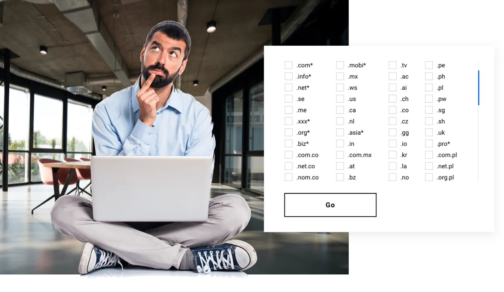 Man with laptop and domain extensions and domain tld search.